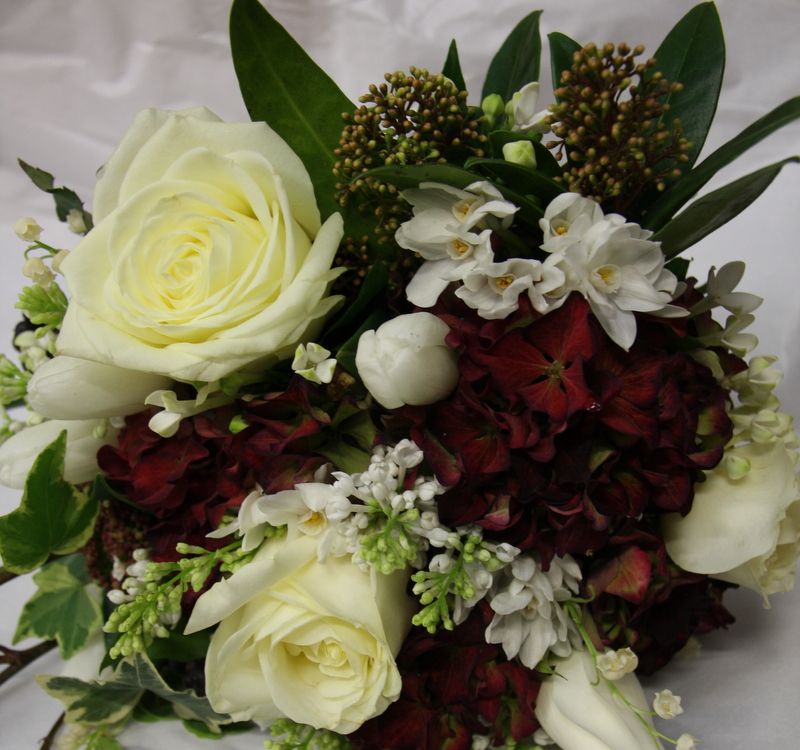 Late Winter Early Spring Wedding Bouquet in Ivory Claret