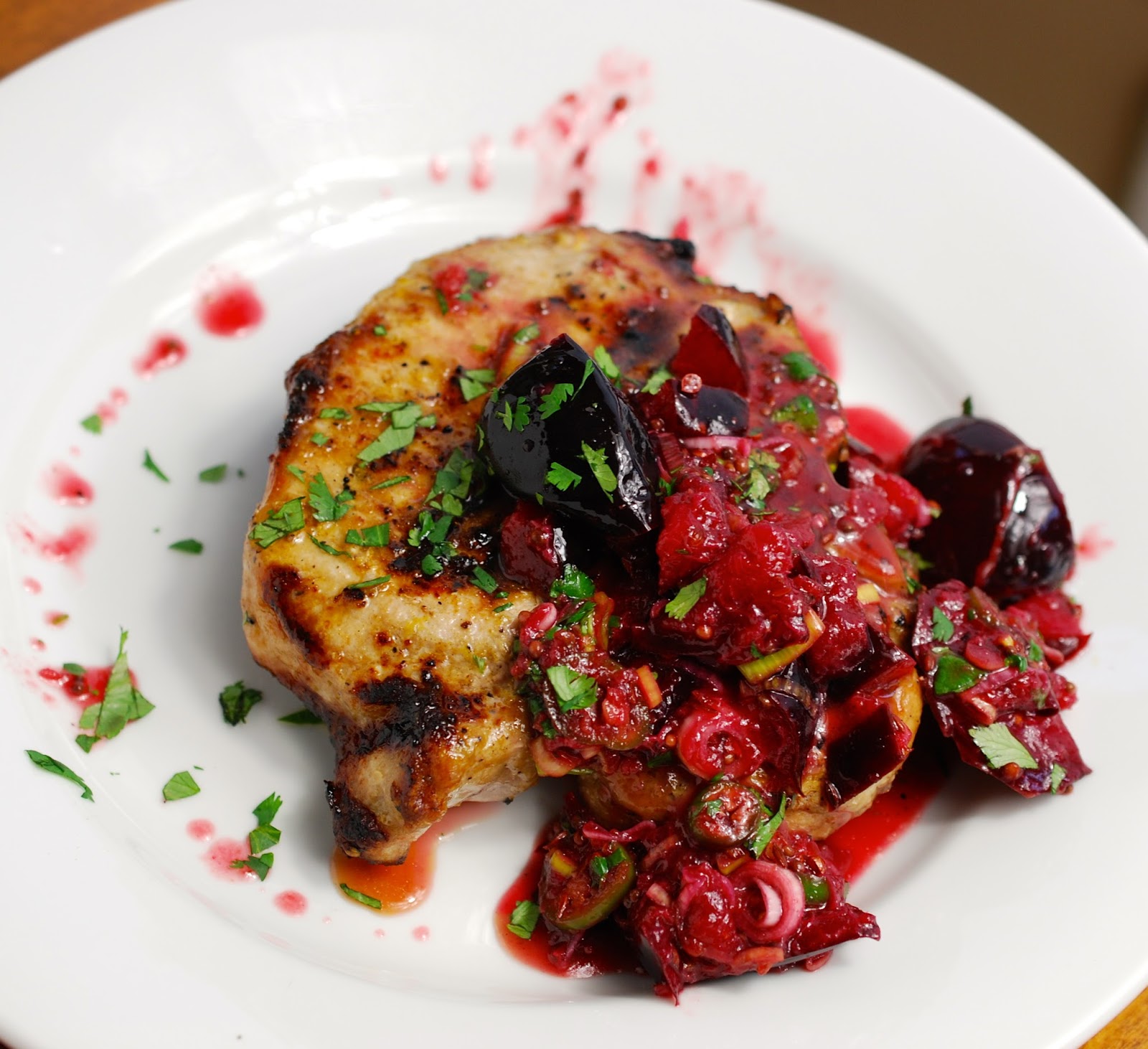 Cooking with Larue Grilled Pork Chops with Fresh Plum Chutney
