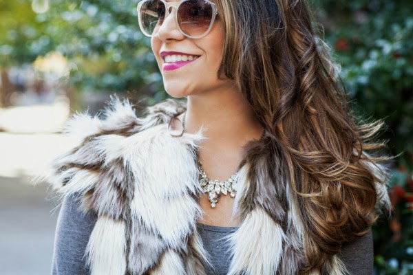 Fur Vest Corporate Catwalk; work wear, fun outfits to wear in the fall; fur vest; faux fur; faux fur vest; coach cognac boots; coach boots; berry lipstick; gray H&M dress; how to wear a vest; ankle boots; traget sunglasses; Michael Kors; Michael Kors Selma; designer back; zara fur vest; Zara; jcrew; jcrew necklace