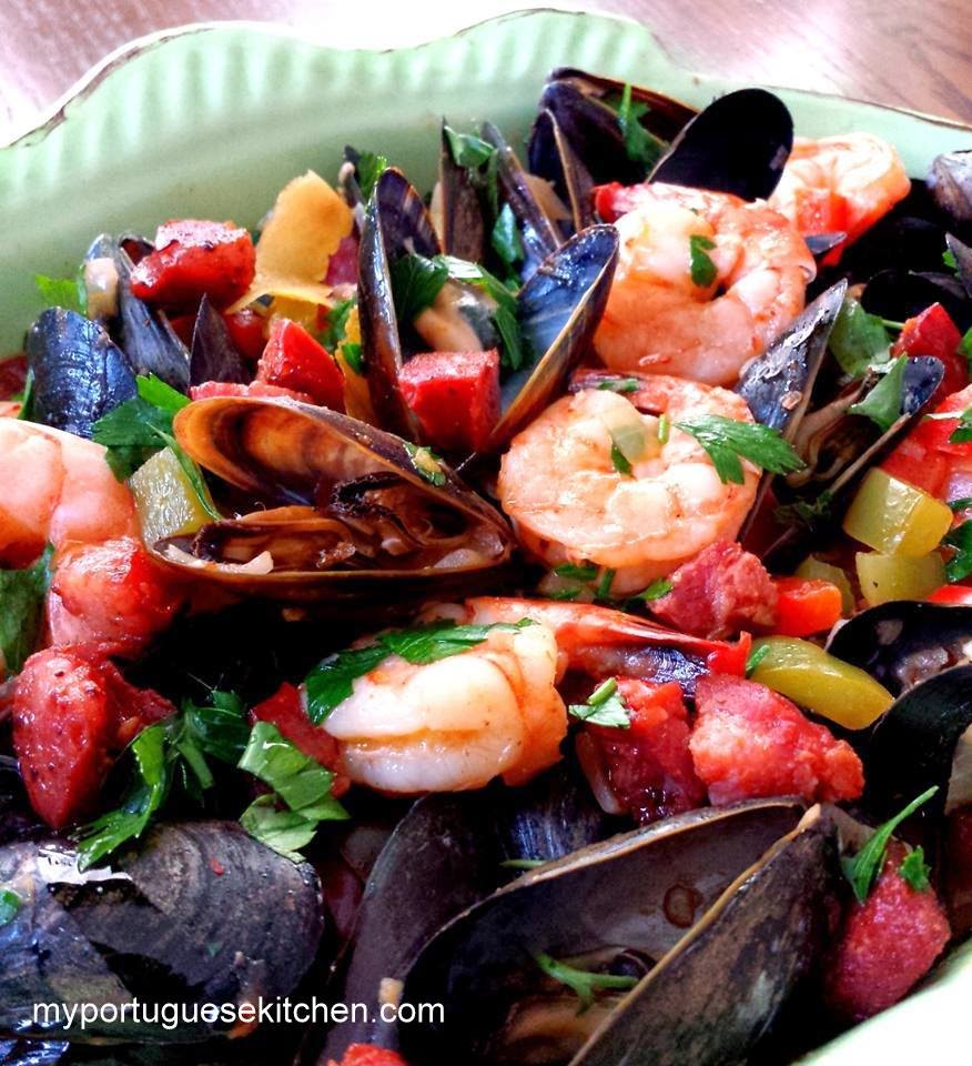My Portuguese Kitchen Spicy Mussels, Shrimp & Chourico in Wine Broth