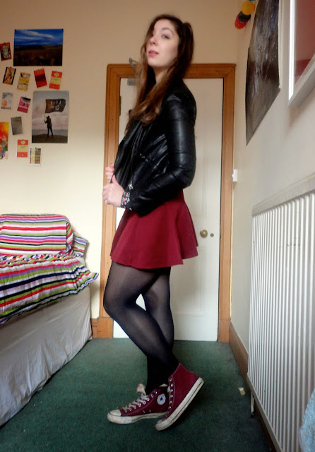 Rocker chick outfit | leather jacket, you me at six tshirt, red skirt and converse