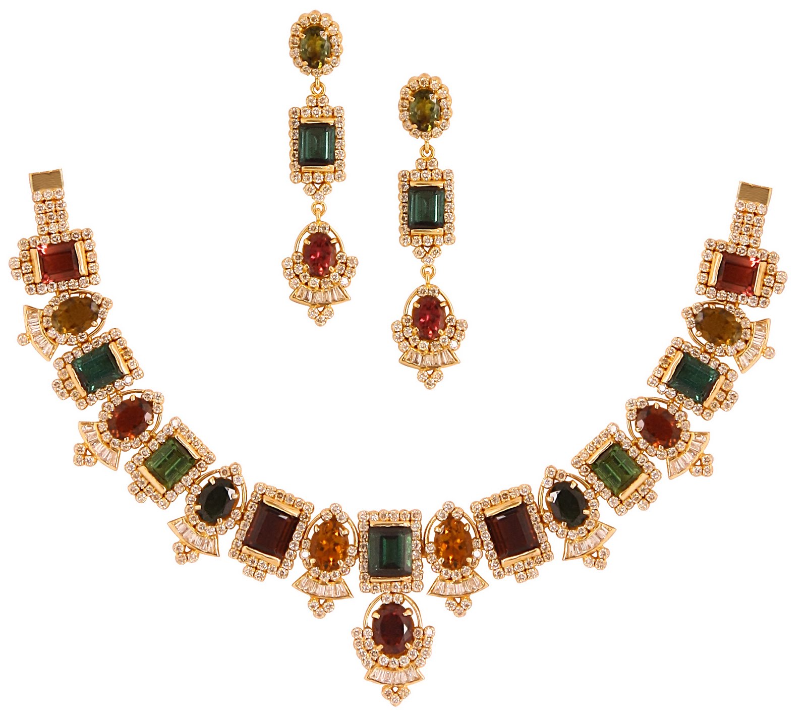 Gold and Diamond jewellery designs Gemstone diamond necklace sets with