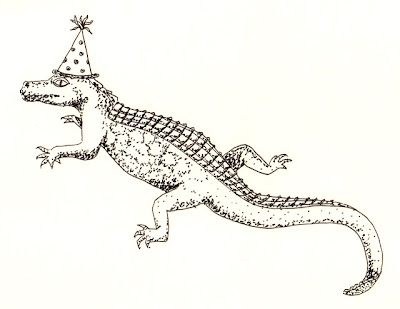ink drawing of an alligator wearing a party hat