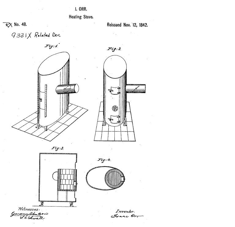 Isaac Orrs Air Tight Heating Stove 1842 Patent Drawing Isaac Orrs Air Tight Heating Stove 1842 Patent Drawing