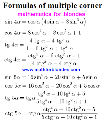 Trigonometry formulas multiple angles. Formulas of multiple corner. Sine four and five alpha, cosine 4 and 5 alpha, tangent of 4a and 5a, cotangent four and five alpha. Mathematics for blondes. Mathforblondes.