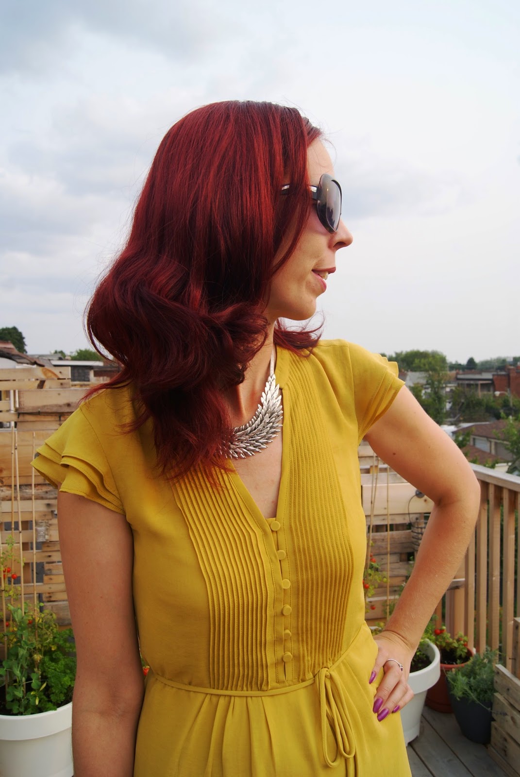 Mustard Yellow Warmth!: H&M Dress, Mary Frances Purse, Jessica Shoes from Sears, Shop For Jayu Necklace, Fall, Summer, Trend, OOTD, Outfit, fashion, style, styletips, thepurplescarf, melanie.ps, toronto,ontario, canada