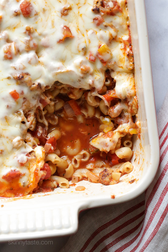 Chicken Sausage and Peppers Macaroni Casserole – pour the sauce over the dry macaroni and the pasta cooks right in the oven, no need to boil! Smart Points: 8 • Calories: 326