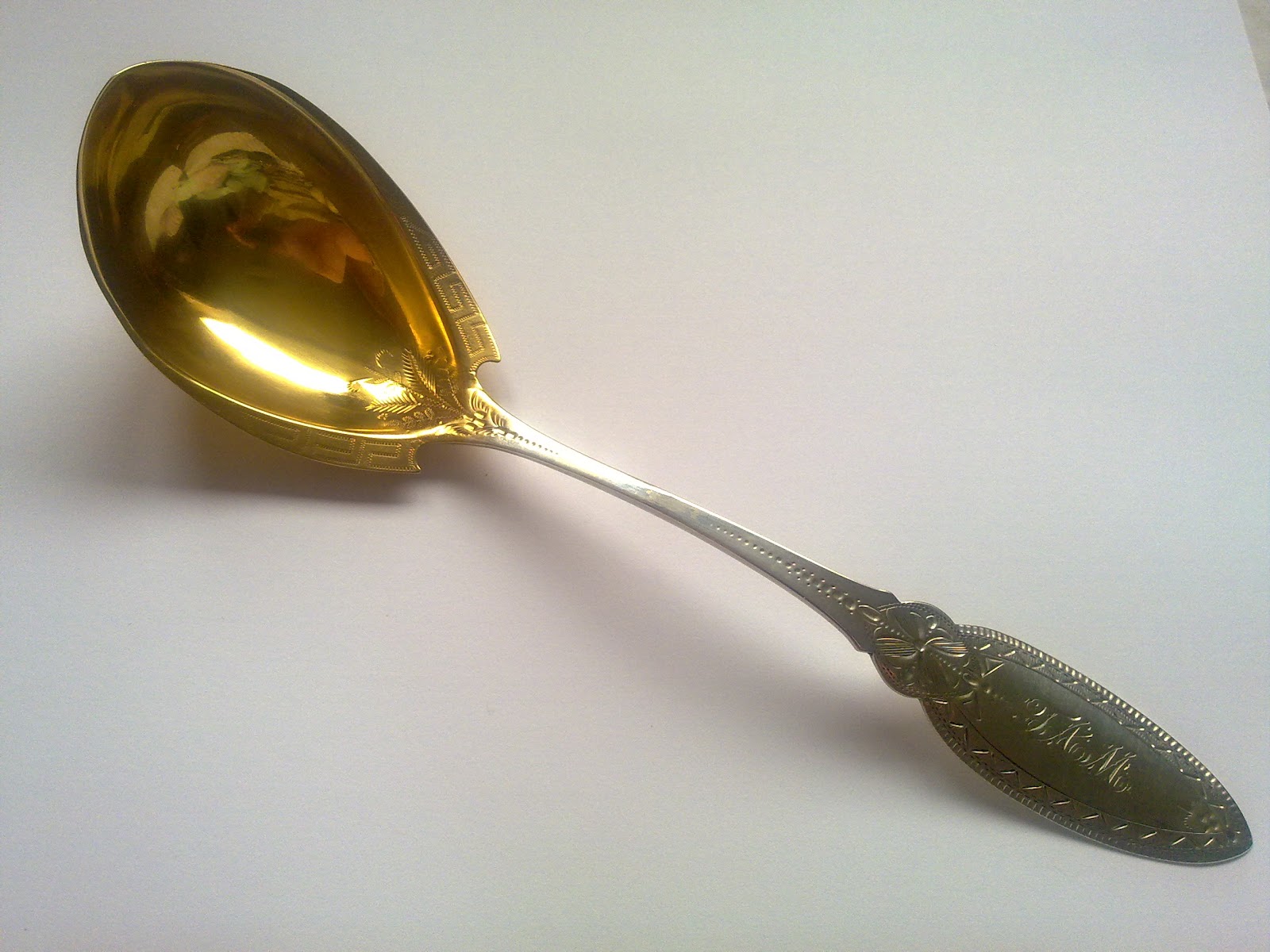 Brilliant Rare BIG SOLID SILVER punch / soup LADLE, part of gold gild