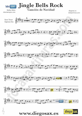 Tubescore Jingle Bells Rock sheet music for Tenor and Soprano Saxophone Christmas Carol Traditional Music Score