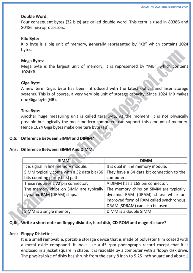 Adamjee Coaching Storage Devices Descriptive Question Answers
