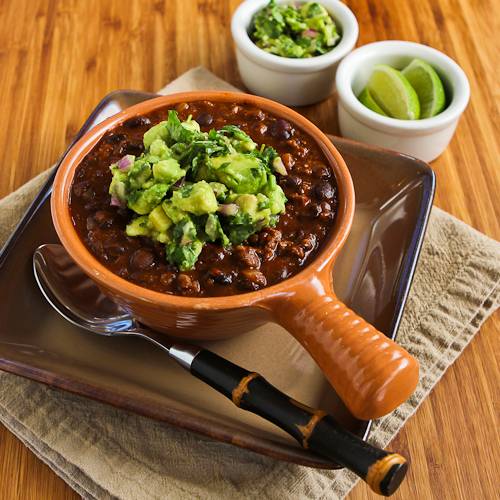 Black Bean and Beef Chili with Cilantro, Lime, and Avocado Salsa