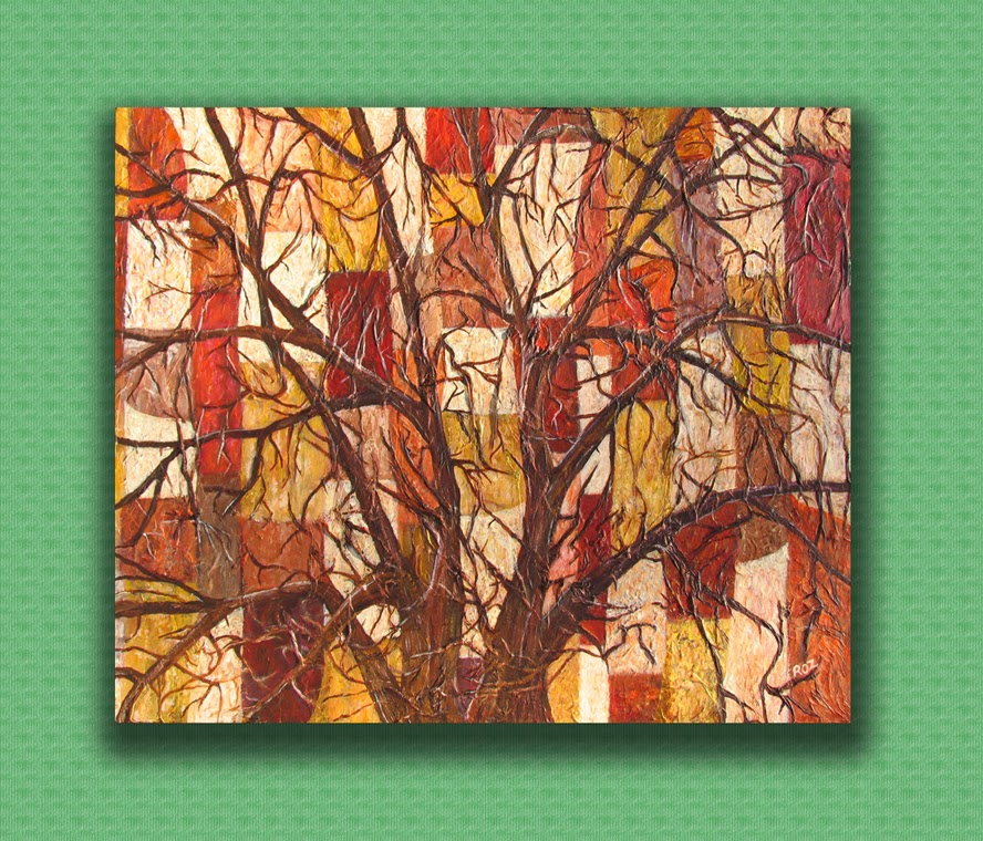 artycraftythings Patchwork tree painting in acrylics.