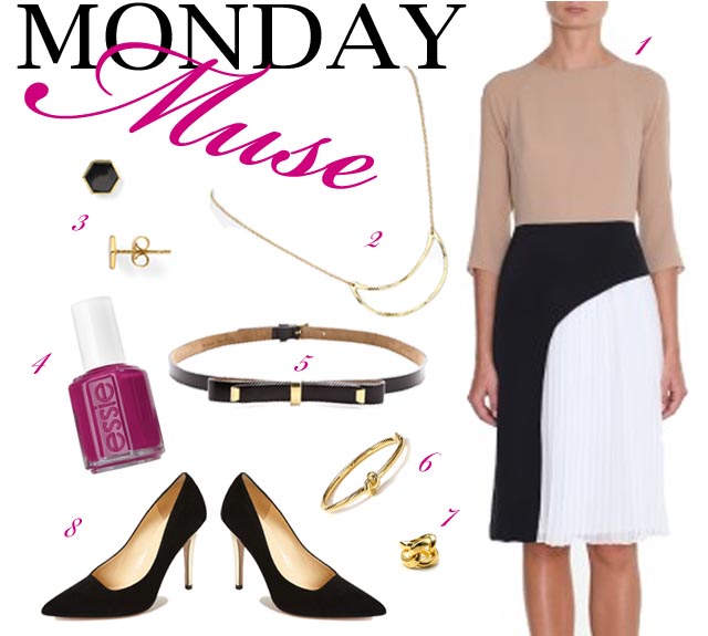 tibi novelty pleating dress gorjana laurel necklace bloom hexagon earrings essie big spender angelina belt kate spade sailor's knot bangle michael kors gold link ring lollipop pumps black tan beige cream ivory white pleats neutral neutrals pink fuchsia magenta monday muse enamel suede gold heel bow belt infinity love mixed spring trend calvin klein the classy cubicle fashion blog for young professional women females woman girls 20s 30s 40s appropriate work wear office attire outfits professional corporate suit do's and don'ts crimes top ten day to night transition