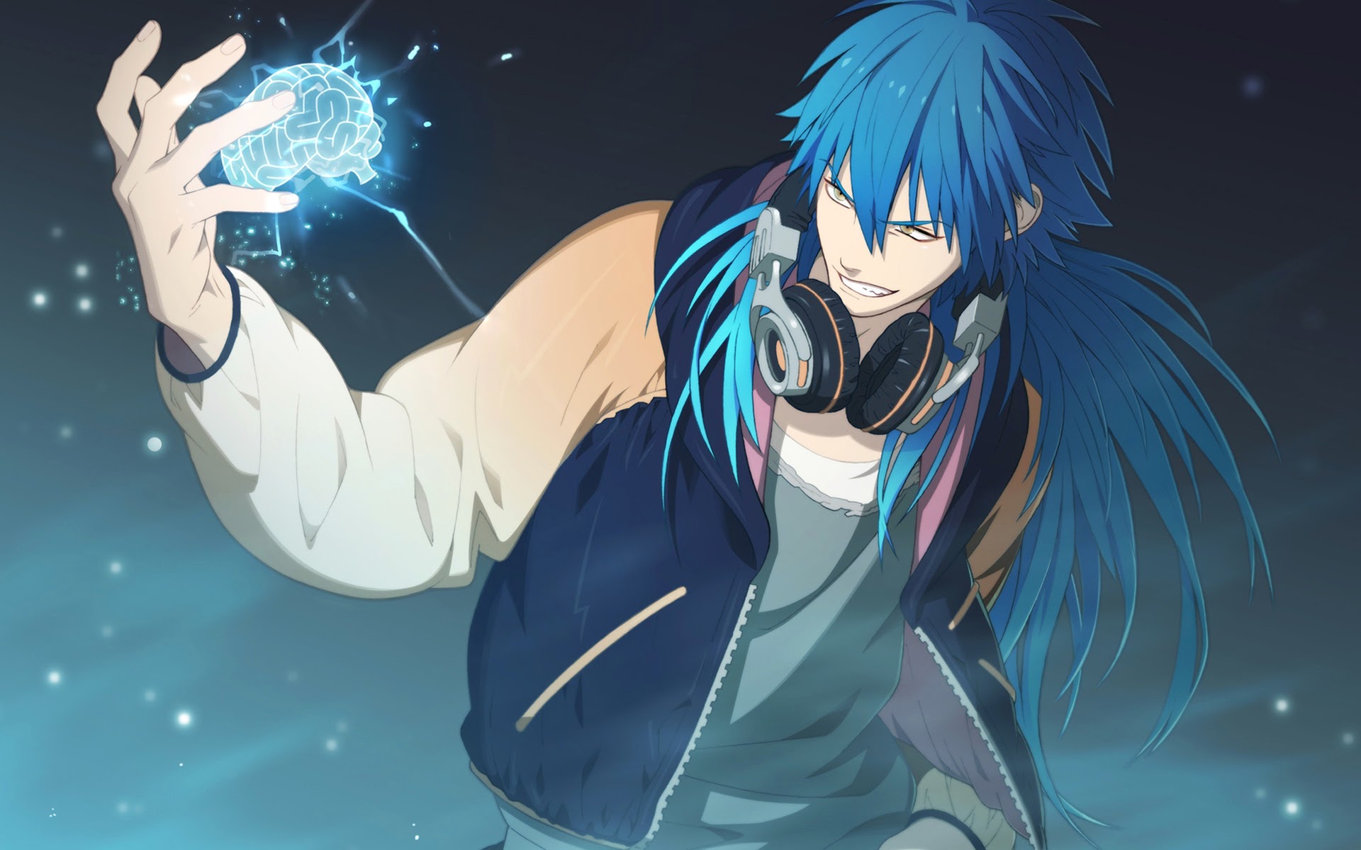 anime boy with headphones blue hair