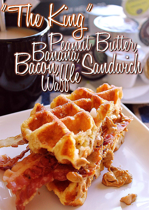 A cup of coffee and "The King" Peanut Butter, Banana, Bacon Waffle Sandwich= Heaven!