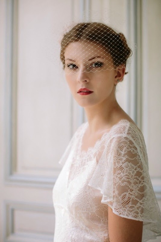 Birdcage veil for vintage wedding dresses - Heavenly Vintage Brides Full face close-up showing Birdcage veil over eyes, with vintage wedding dress 'Angel' - Heavenly Vintage Brides