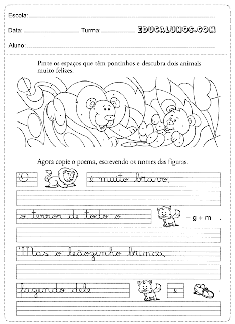 Pinte os espaços que têm pontinhos e descubra dois animais muito felizes