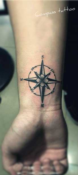 A compass tattoo on the wrist