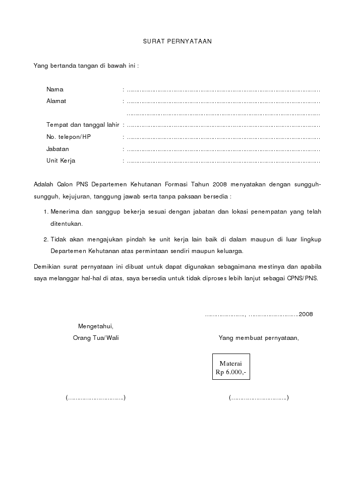 contoh surat pernyataan