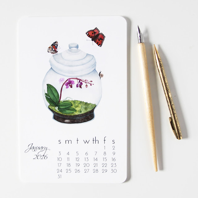 watercolor, art print calendar, terrarium, butterflies, Anne Butera, My Giant Strawberry