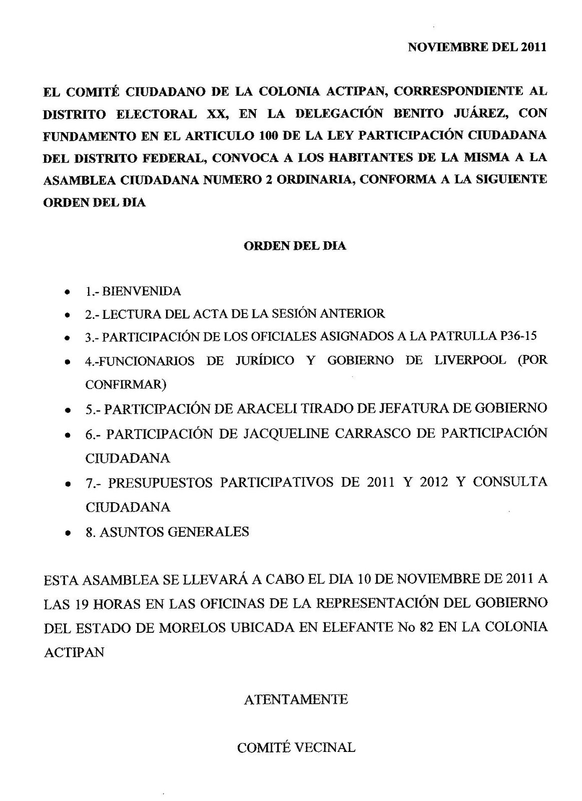 Colonia Actipan ORDEN DEL DIA PARA LA ASAMBLEA CIUDADANA DEL PROXIMO