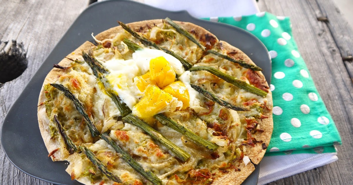 Eighty Twenty 80 Asparagus, Caramelized Onion, and Egg Tortilla Pizzas