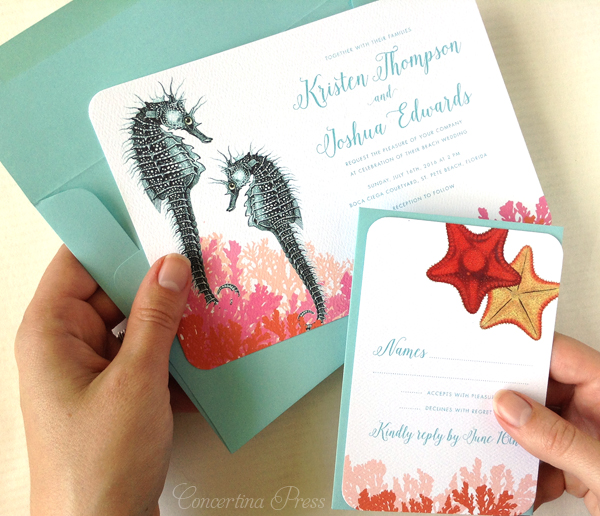 Seahorse Wedding Invitation with starfish and aqua envelopes perfect for a beach wedding