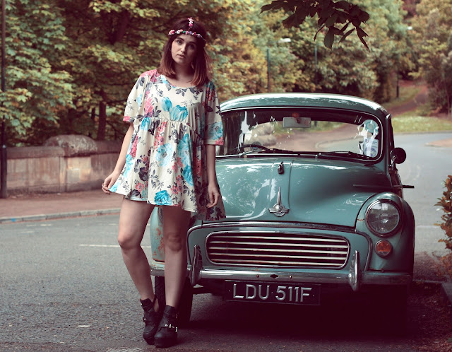 morris minor vintage car, hippy inspired vintage look, floral miss guided dress, perfect festival wear, styled with a hippy bohemian flower head chain. morris minor vintage car, hippy inspired vintage look, floral miss guided dress, perfect festival wear, styled with a hippy bohemian flower head chain.