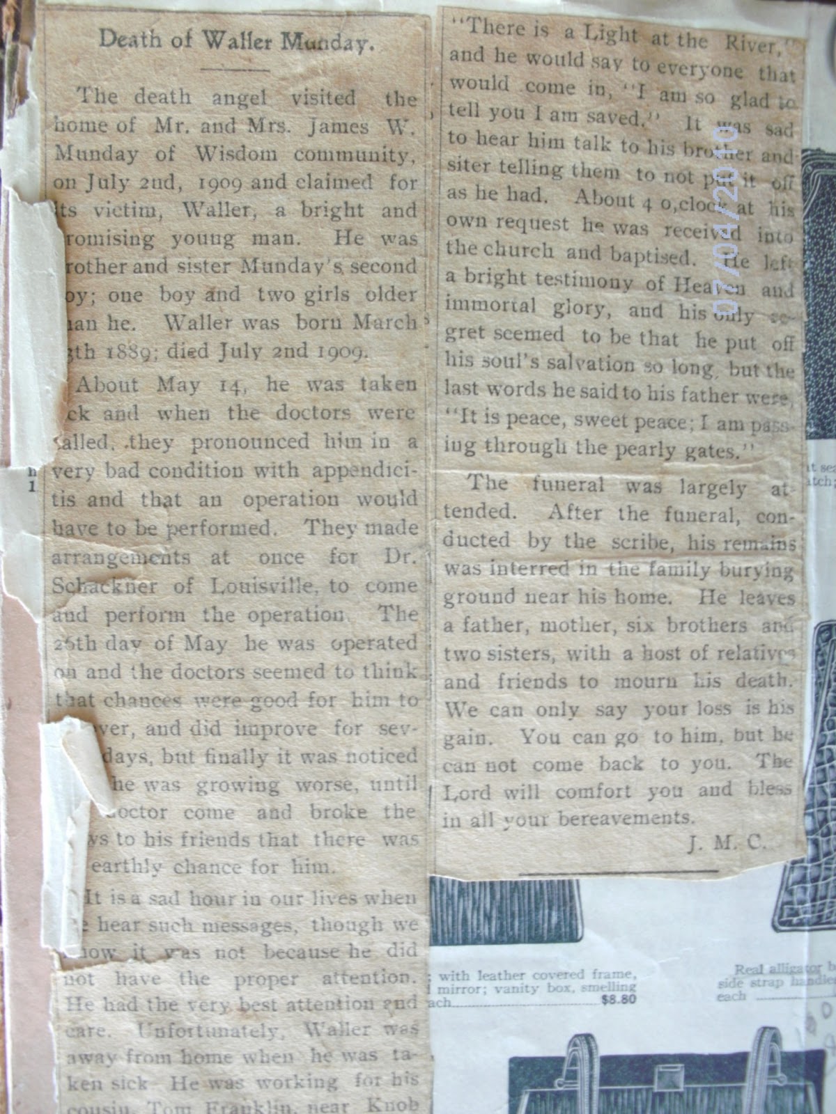 The Sum Of All My Research Sunday’s Obituary Waller Munday's death 1909