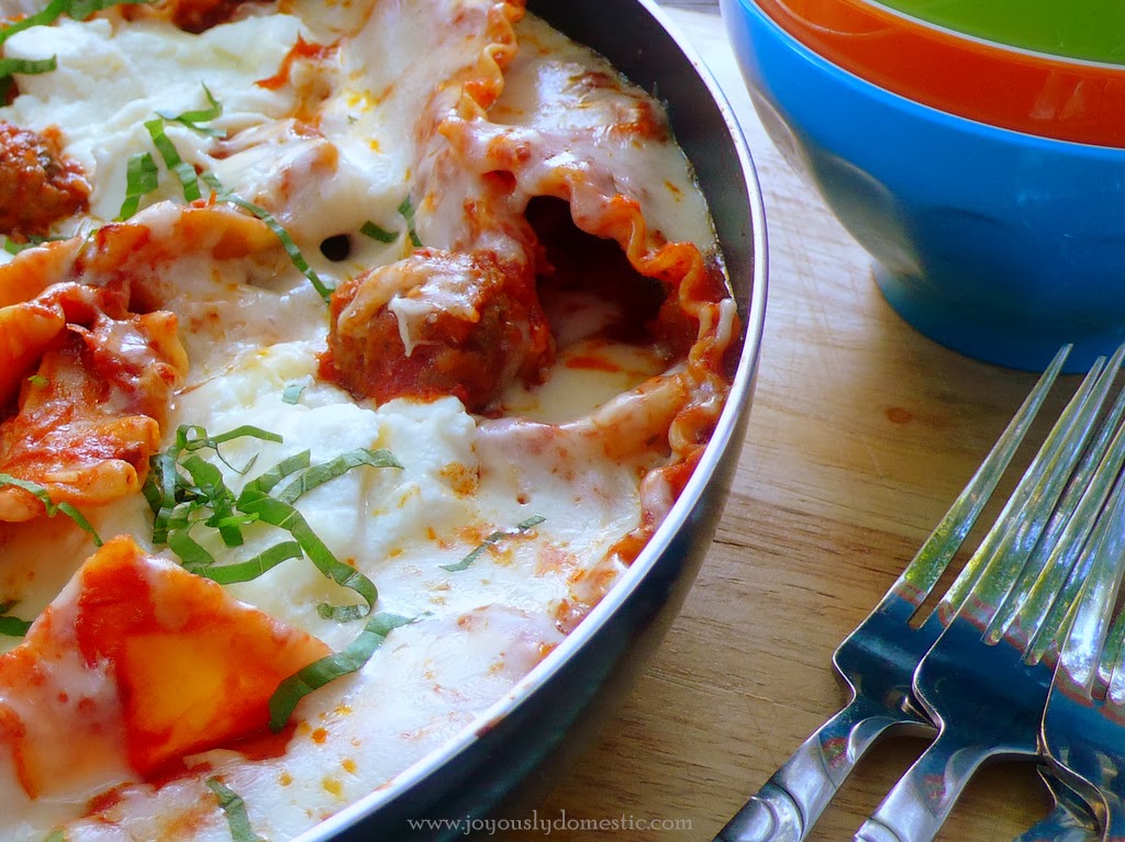 Joyously Domestic Skillet Lasagna with Italian Sausage Meatballs