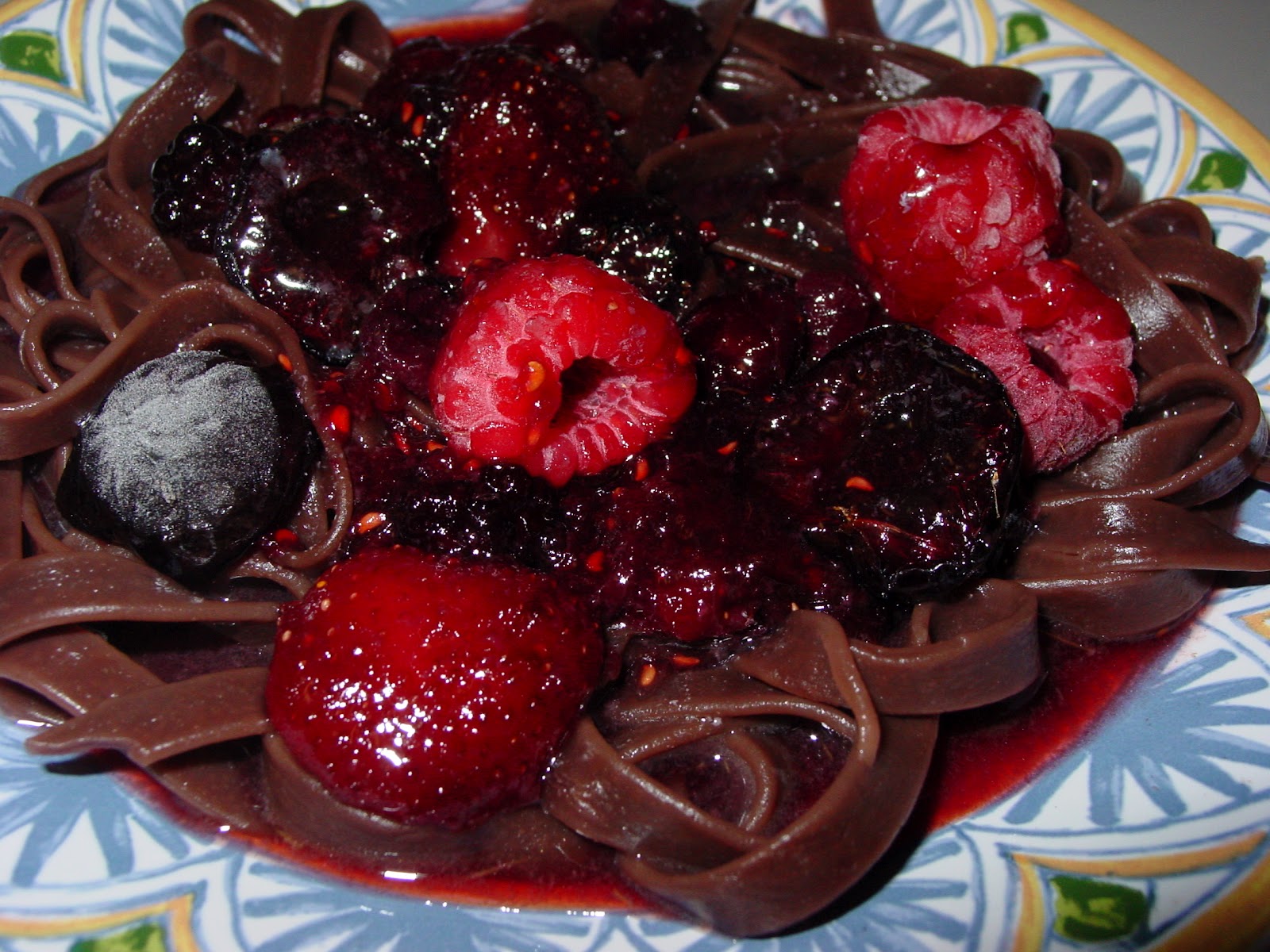 OliveNGrape Chocolate Pasta with Mixed Berry Caramel Sauce
