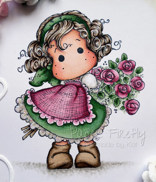 Floral pink handmade card featuring Tilda hiding rose bouquet by Magnolia Rubberstamps