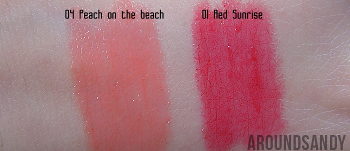 swatches Bourjois - Color Boost 01 Red Sunrise y 04 Peach on the Beach