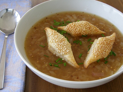 Golden Onion Soup with Sesame Puffs