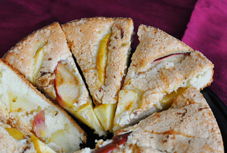 Apple coffee cake with a crispy pink crust.