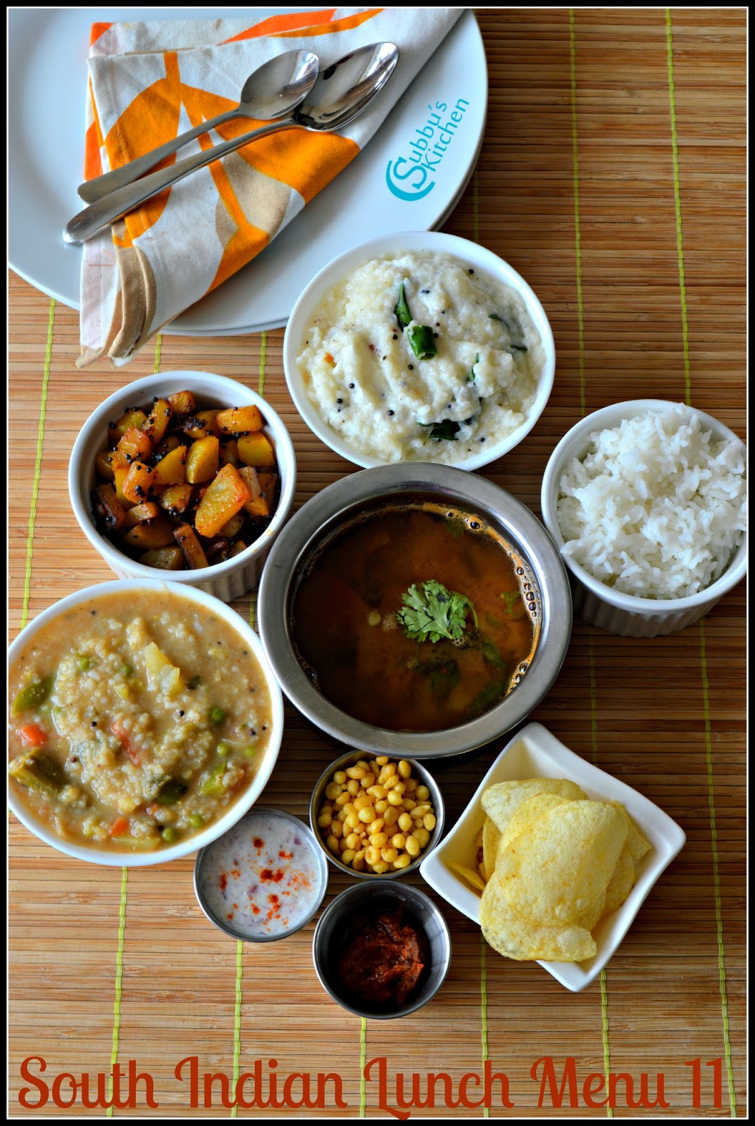 South Indian Lunch Menu 12 - Bisibelabath, Kalyana Rasam, Potato stir