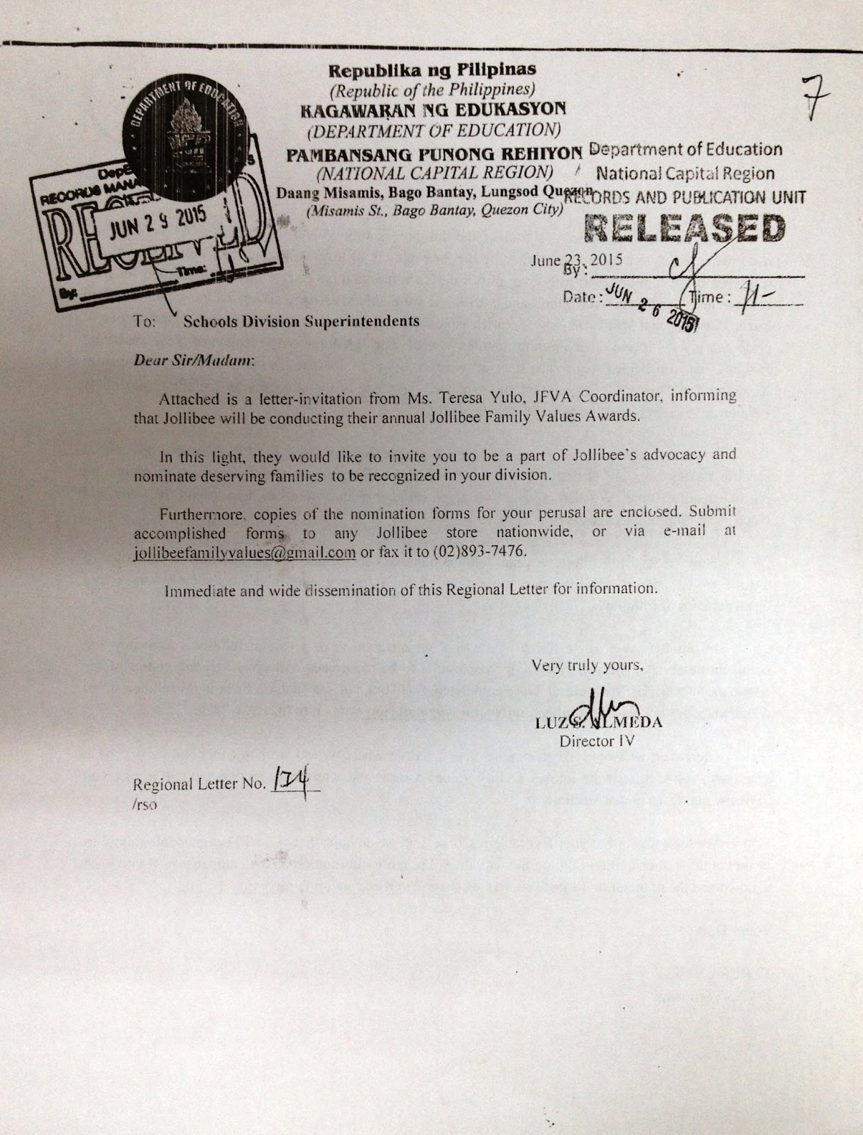 Department of Education Manila ML No. 25 / 2015 JOLLIBEE FAMILY