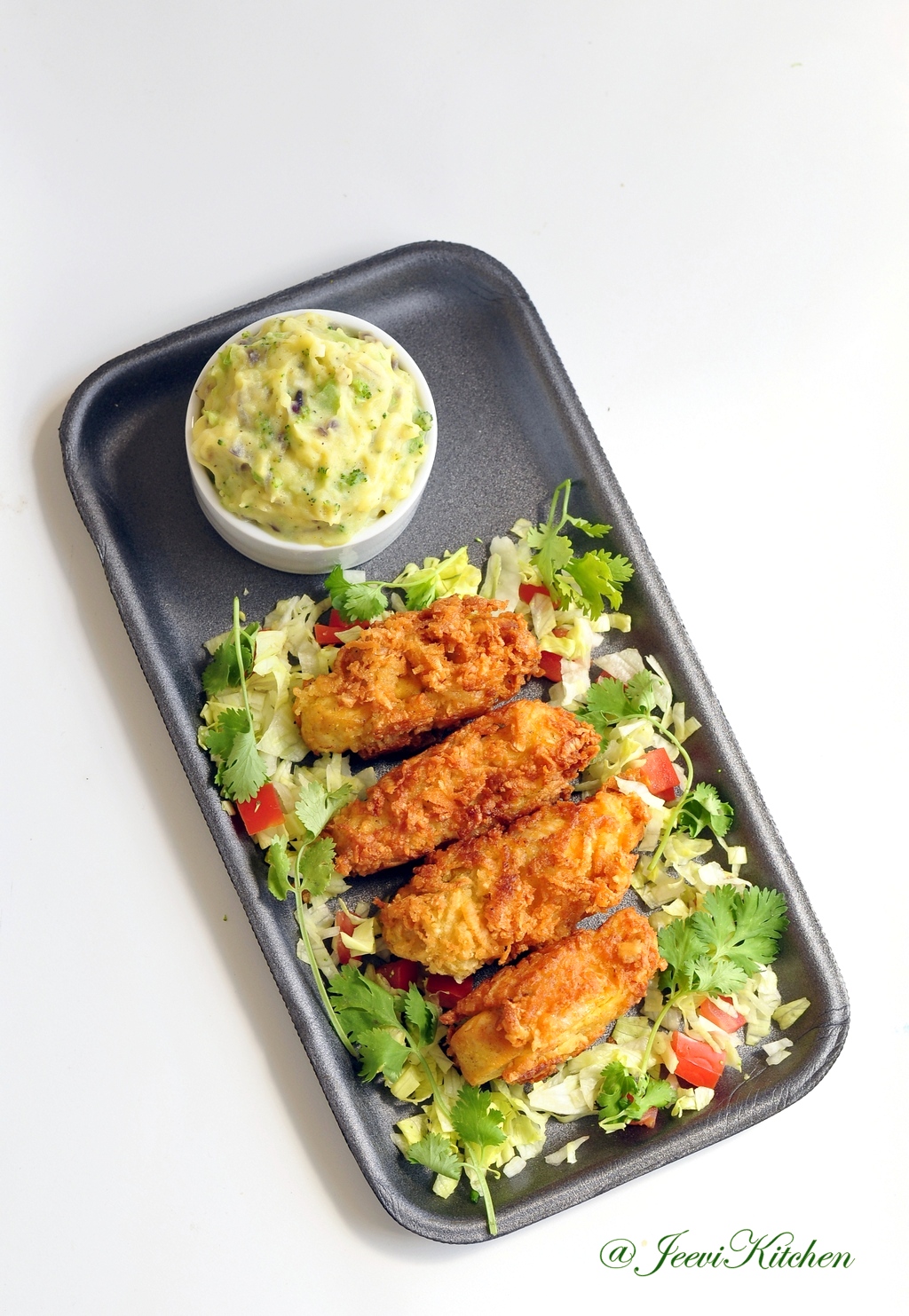 Jeevi Kitchen Crispy coconut fish fillet with potato dip