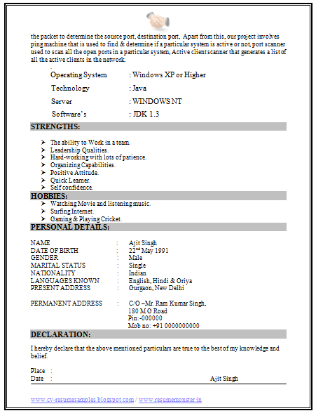 free resume format for freshers