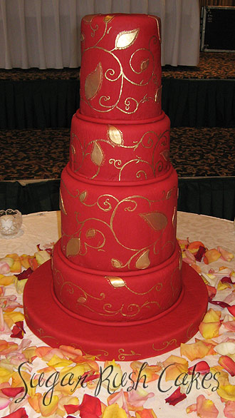Four Tier Red Gold Wedding Cake by Sugar Rush Cakes Montreal