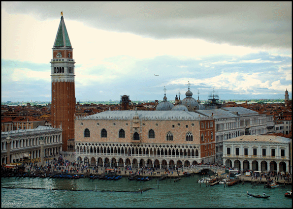 Doges Palace and Waterfront, Venice Shot from water, Doges Palace, waterfront crowds, Venice
