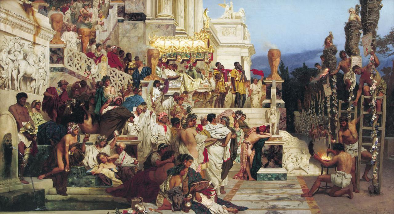 Detalle de una orgia romana en el cuadro «Antorchas de Nerón», de Henryk Siemiradzki