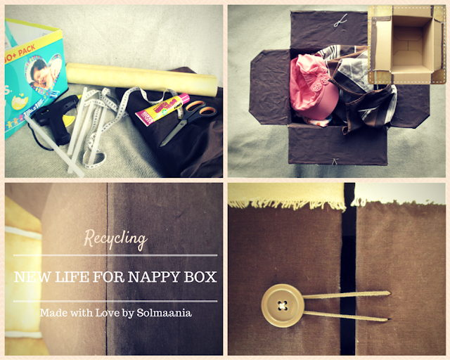 pampers, recycling, taaskasutus, nappy box, mähkmekast, burlap, fabric covered box, storing box, hoikast, riidega kaetud kast