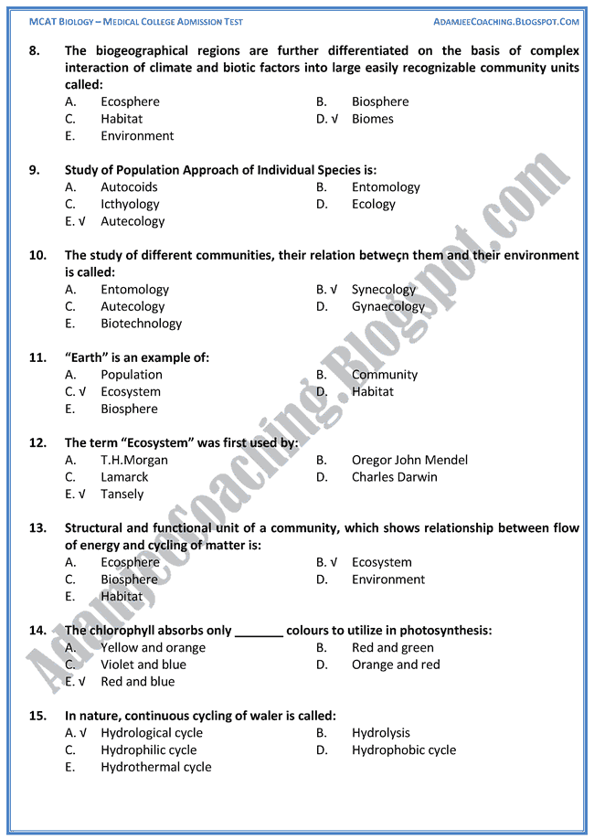 Adamjee Coaching MCAT Biology [Ecosystem] Mcqs for Medical Entry Test