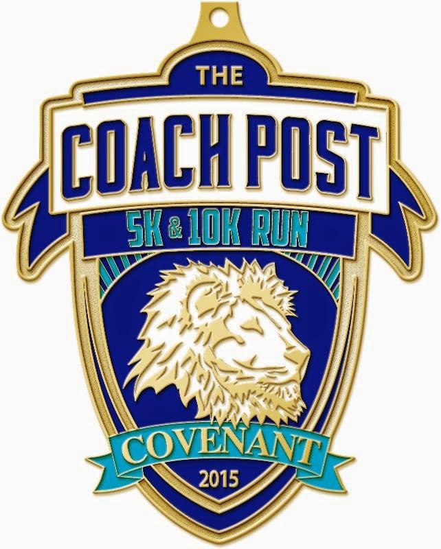 Specimen of the age group medals awarded at the second annual Coach Post 10K / 5K 2015 Coach Post 10K / 5K
