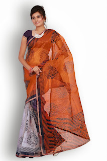 Super Net orange with white border work sari-16 