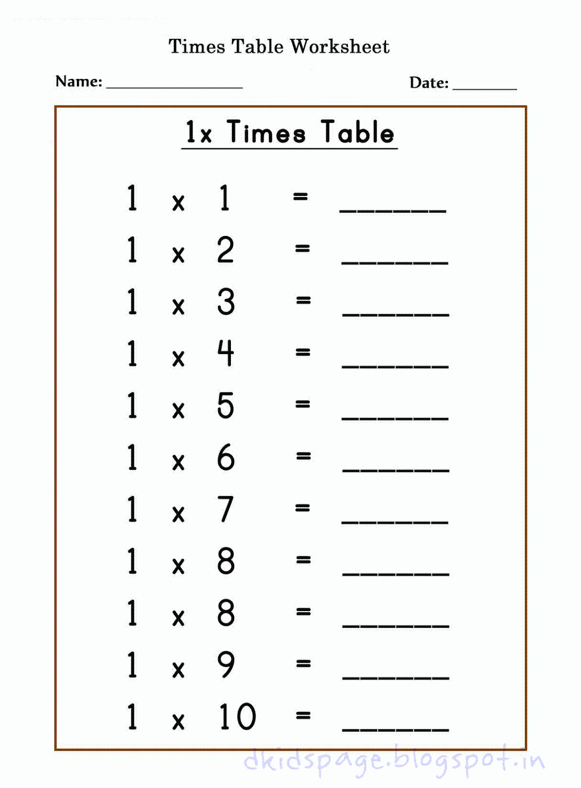 Kids Page Printable 1 X Times Table Worksheets for Free