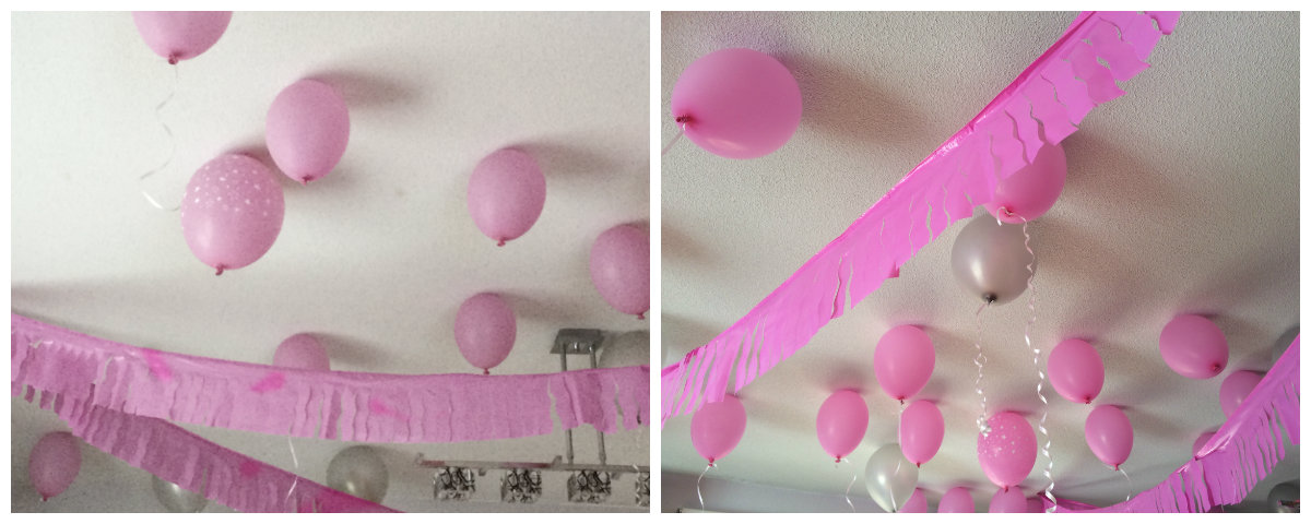 globos rosas de helio en el techo
