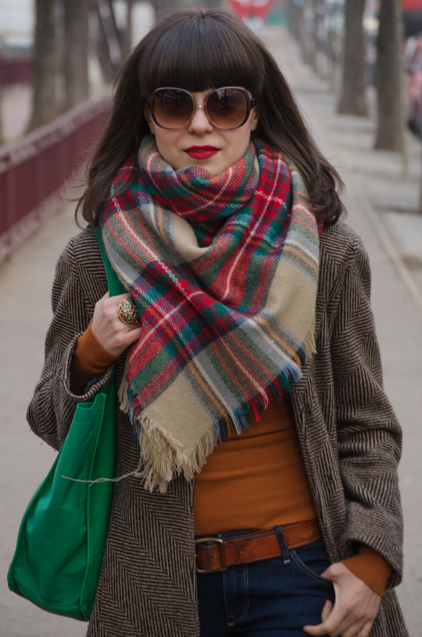 clasic brown fall coat thrifted burgundy h&m sneakers burnt orange turtleneck over-sized scarf colorful green red christmas bag zara indigo jeans skinny bangs hair