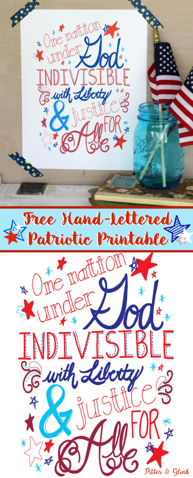 Free Hand-Lettered Patriotic Printable perfect for your Fourth of July decor! www.pitterandglink.com